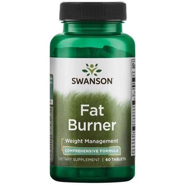 Grüne Flasche mit schwarzem Deckel. Auf dem Etikett steht "Swanson Fat Burner", "Weight Management" und "60 Tablets".