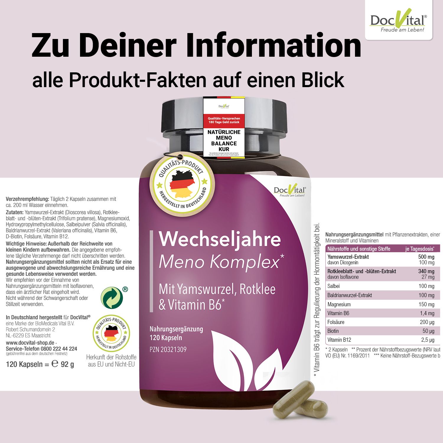 Meno Komplex Wechseljahre Kapseln - Yamswurzel & Rotklee für die Menopause - DocVital®