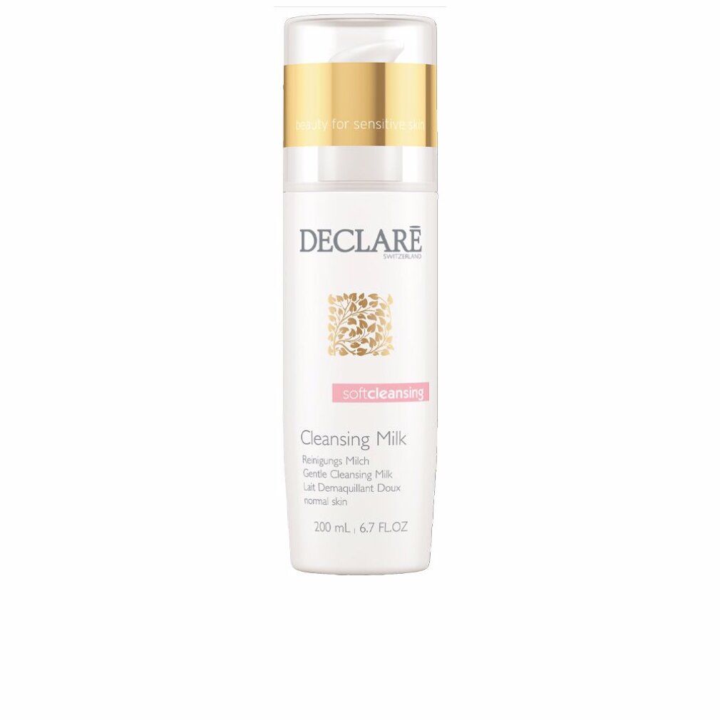 Weißer Flakon mit goldener Kappe. DECLARÉ Reinigungsmilch, Schriftzug und Logo. Aufschrift: softcleansing, Cleansing Milk, 200 ml.