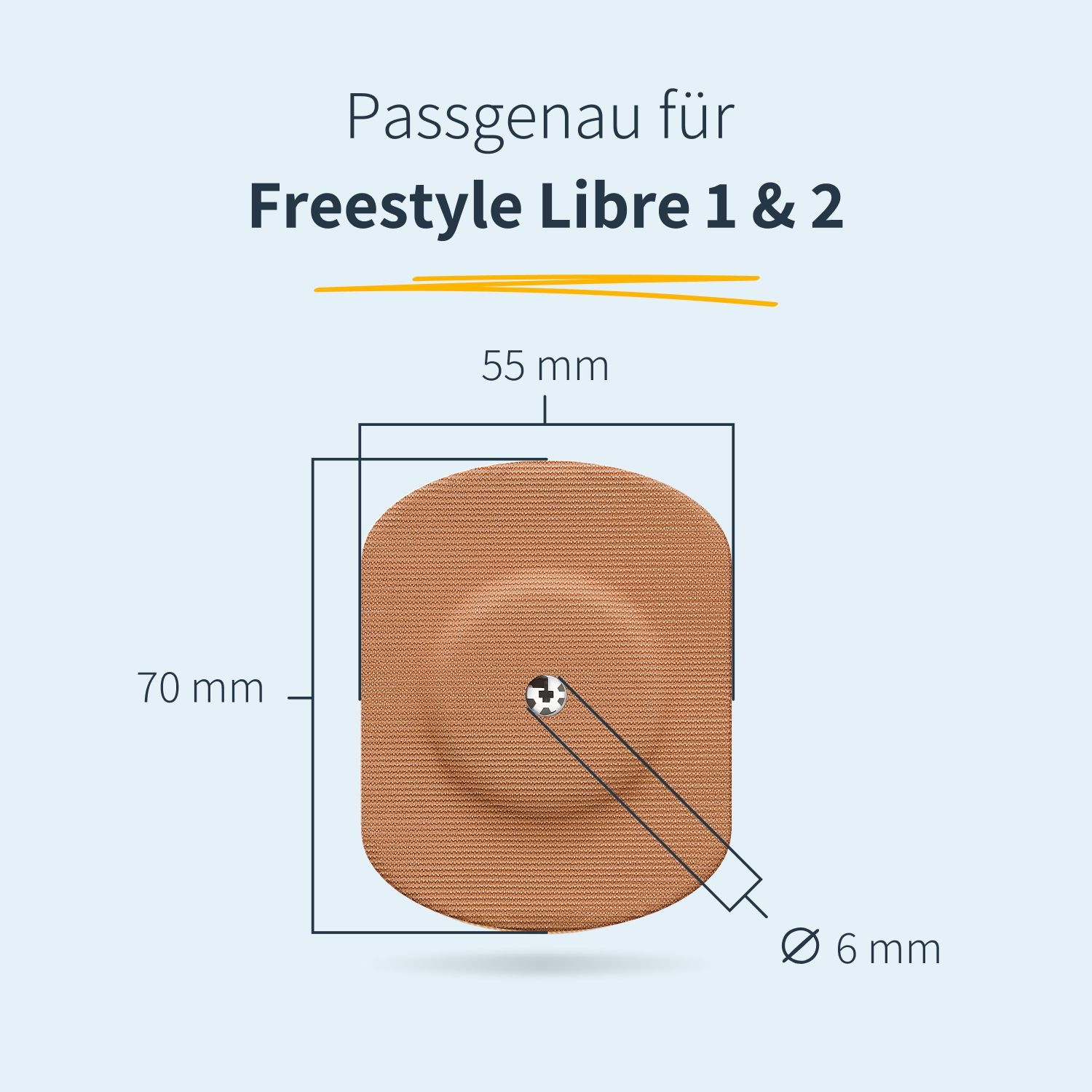 Beiges Pflaster mit Belüftungsloch, für Freestyle Libre 1 & 2. Maße: 70x55mm, Loch Ø 6mm. Passgenau.