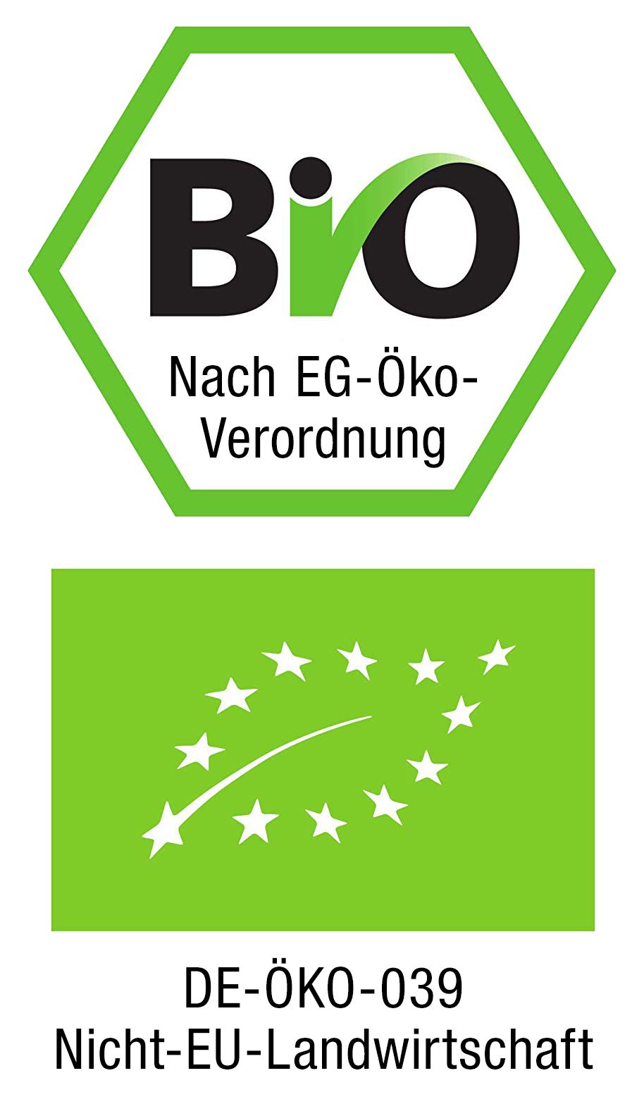 Bio-Siegel und EU-Bio-Logo. Text: Nach EG-Öko-Verordnung, DE-ÖKO-039, Nicht-EU-Landwirtschaft.