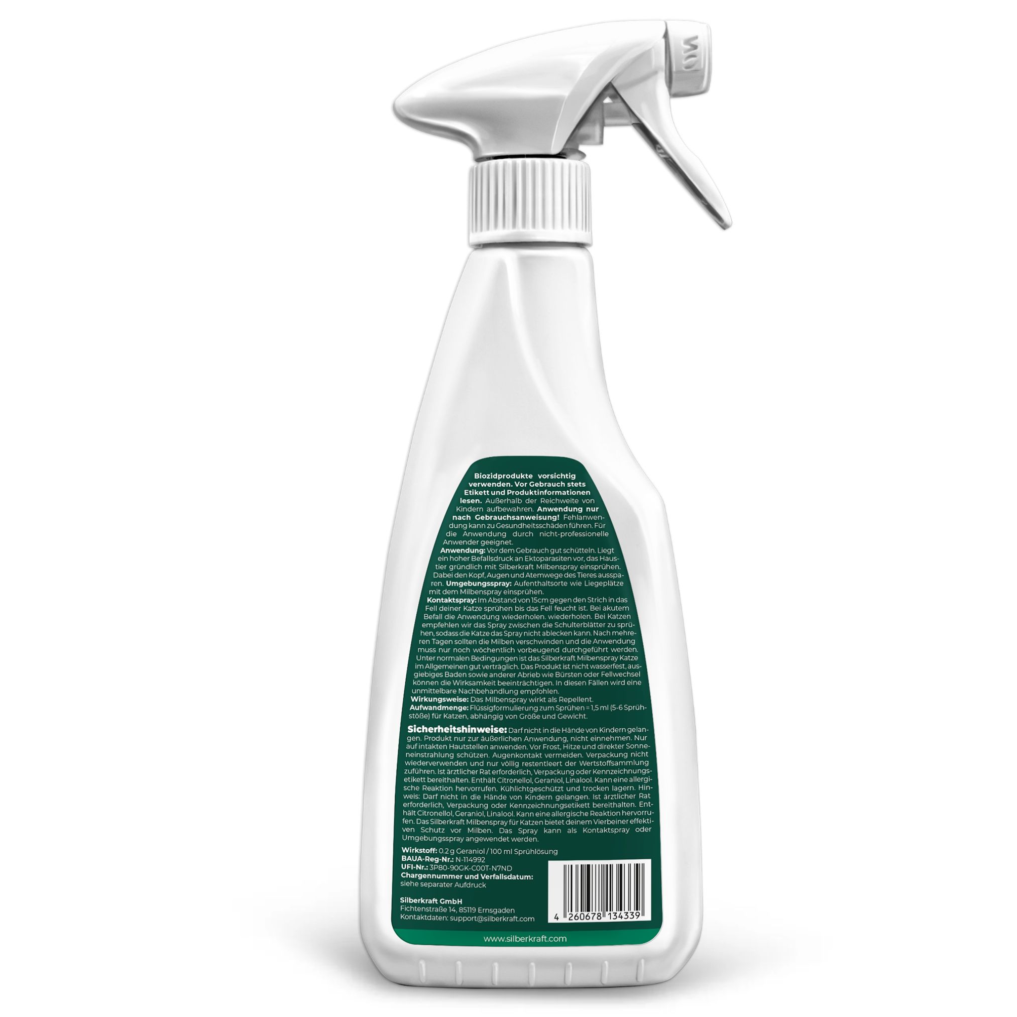 Rückseite einer weißen Sprühflasche. Grünes Etikett mit Produktinformationen und Sicherheitsratschlägen.