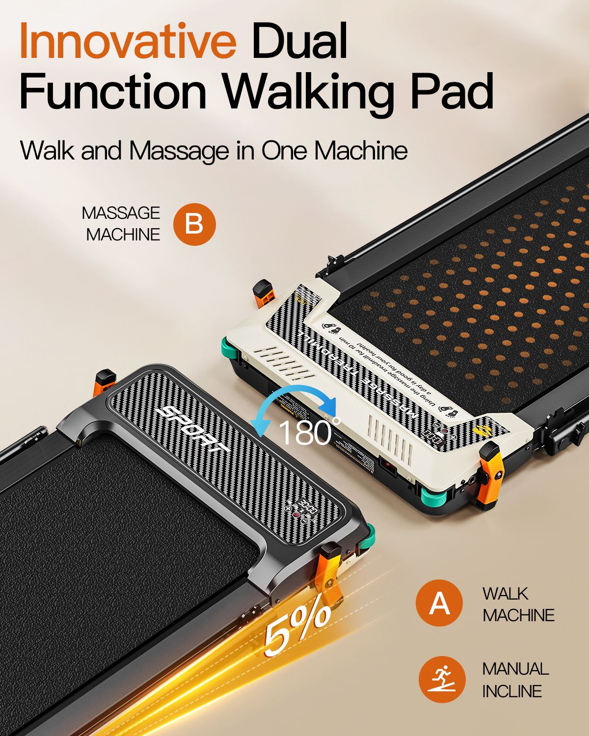 Nahaufnahme von zwei Laufbändern. Eines zeigt eine Massagefunktion, das andere eine Laufbandfunktion. Text: Innovative Dual Function Walking Pad.