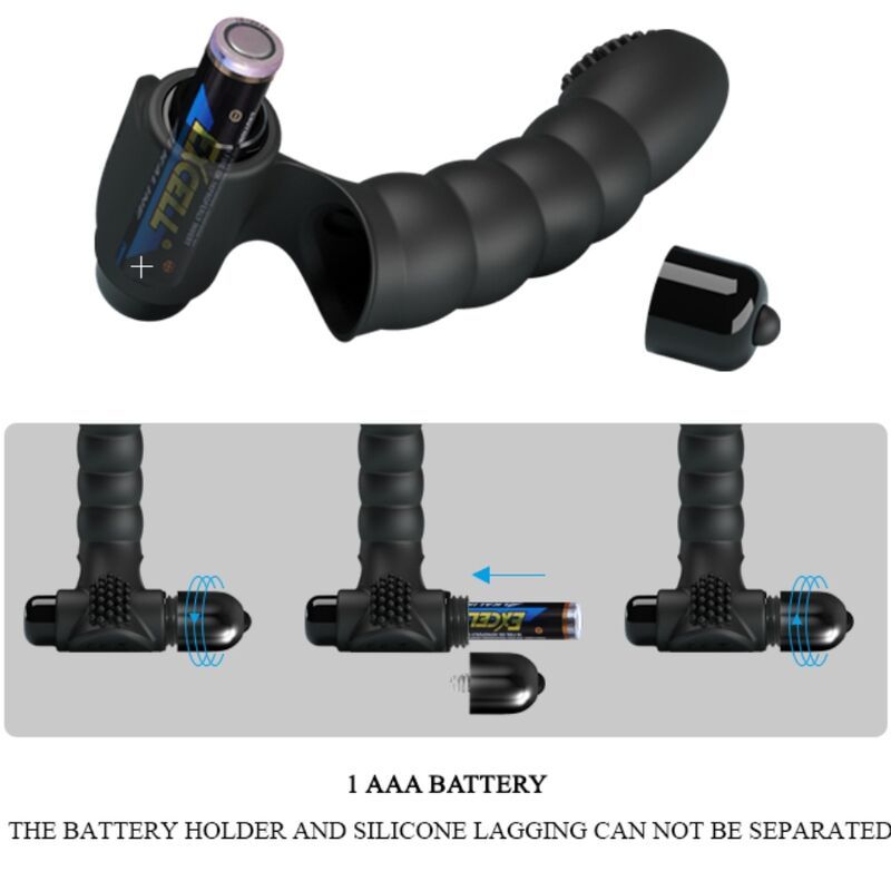 Fingeraufsatz-Vibrator mit Batteriefach. Schwarzes Produkt, geriffelte Spitze, gerillter Schaft. Batterie wird eingesetzt.