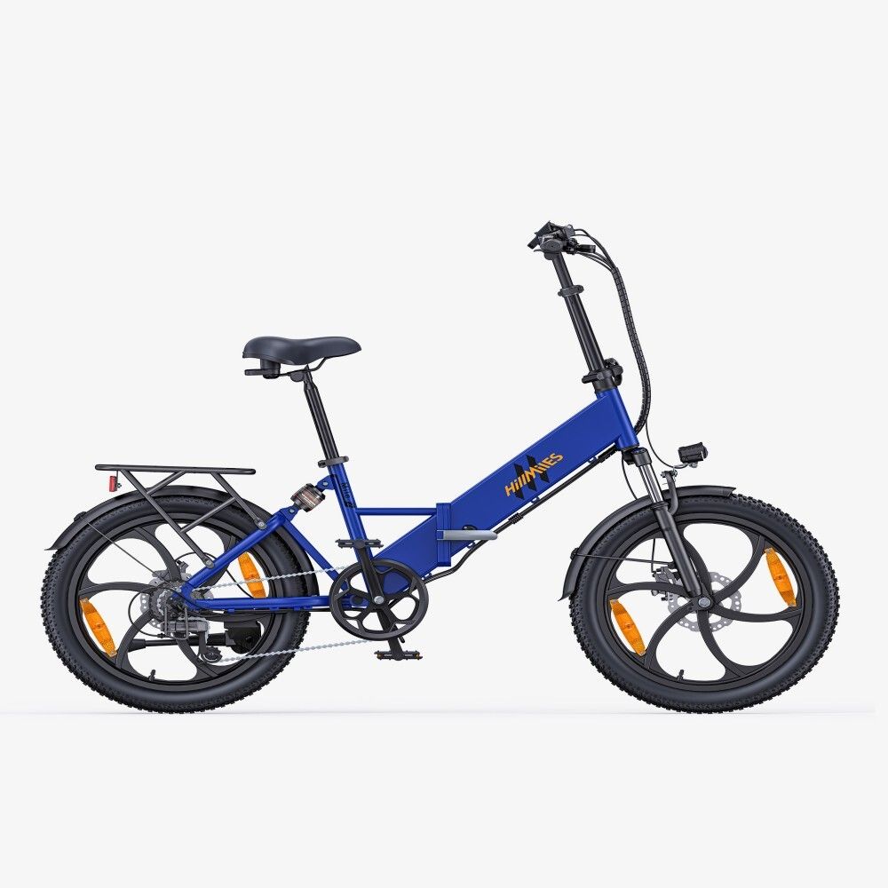 Blaues Elektrofahrrad mit schwarzen Reifen und Gepäckträger. Marke HillMiles.