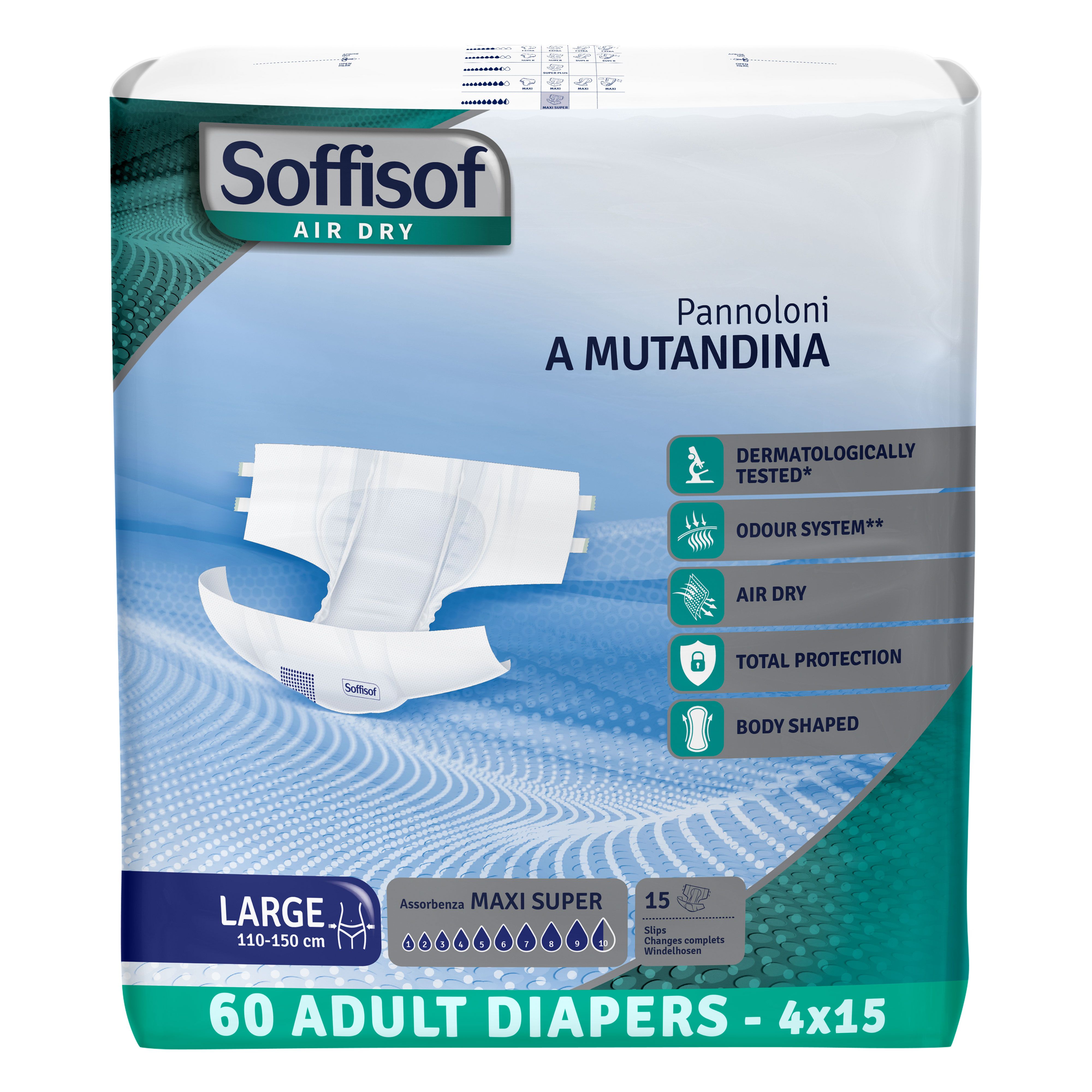Verpakking Soffisof Air Dry volwassen luiers. Maat Large, 60 stuks. Productinformatie en logo's.