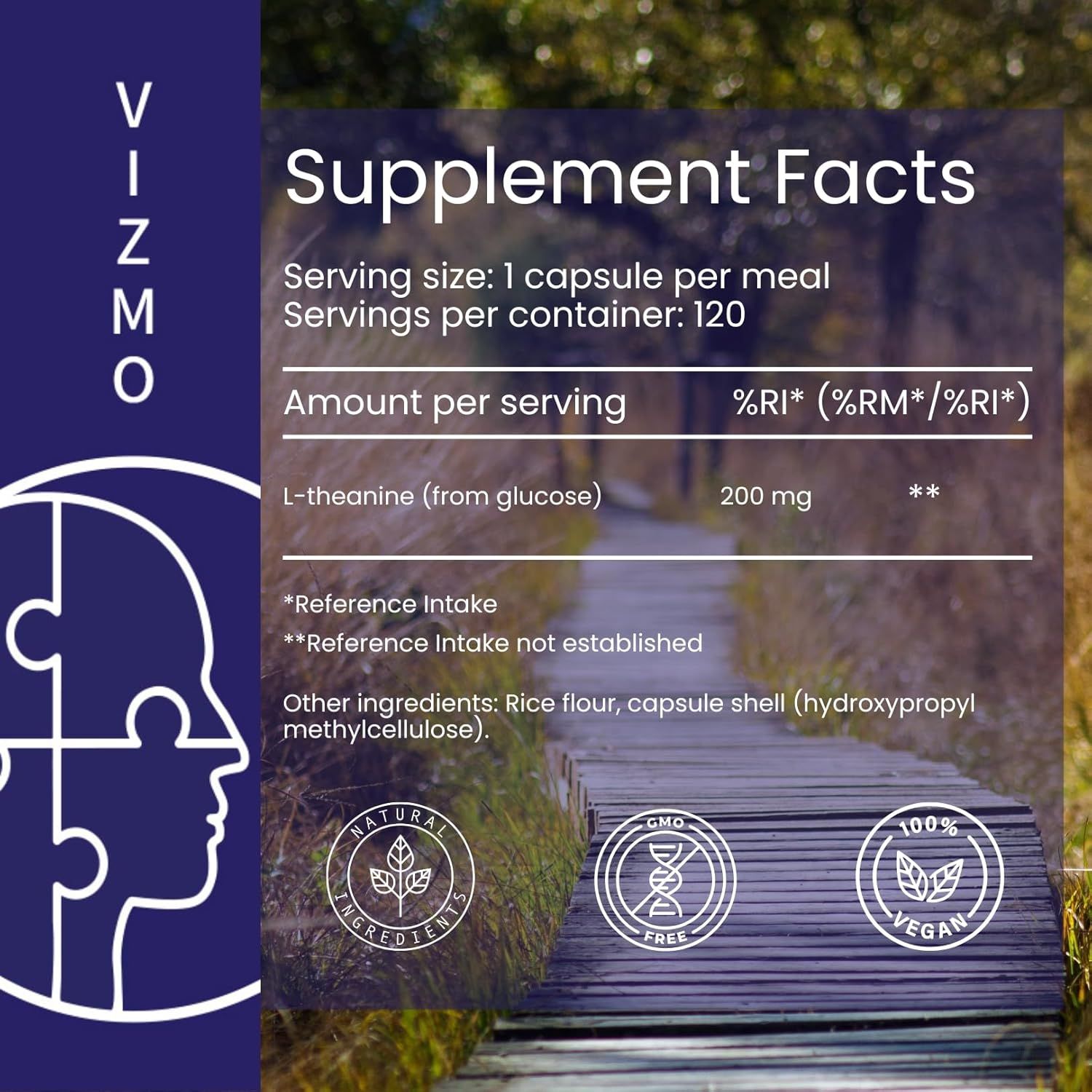 Nahrungsergänzungsmittel-Fakten. Text: L-Theanin (aus Glukose) 200 mg. Zutaten: Reismehl, Kapselhülle (Hydroxypropylmethylcellulose).