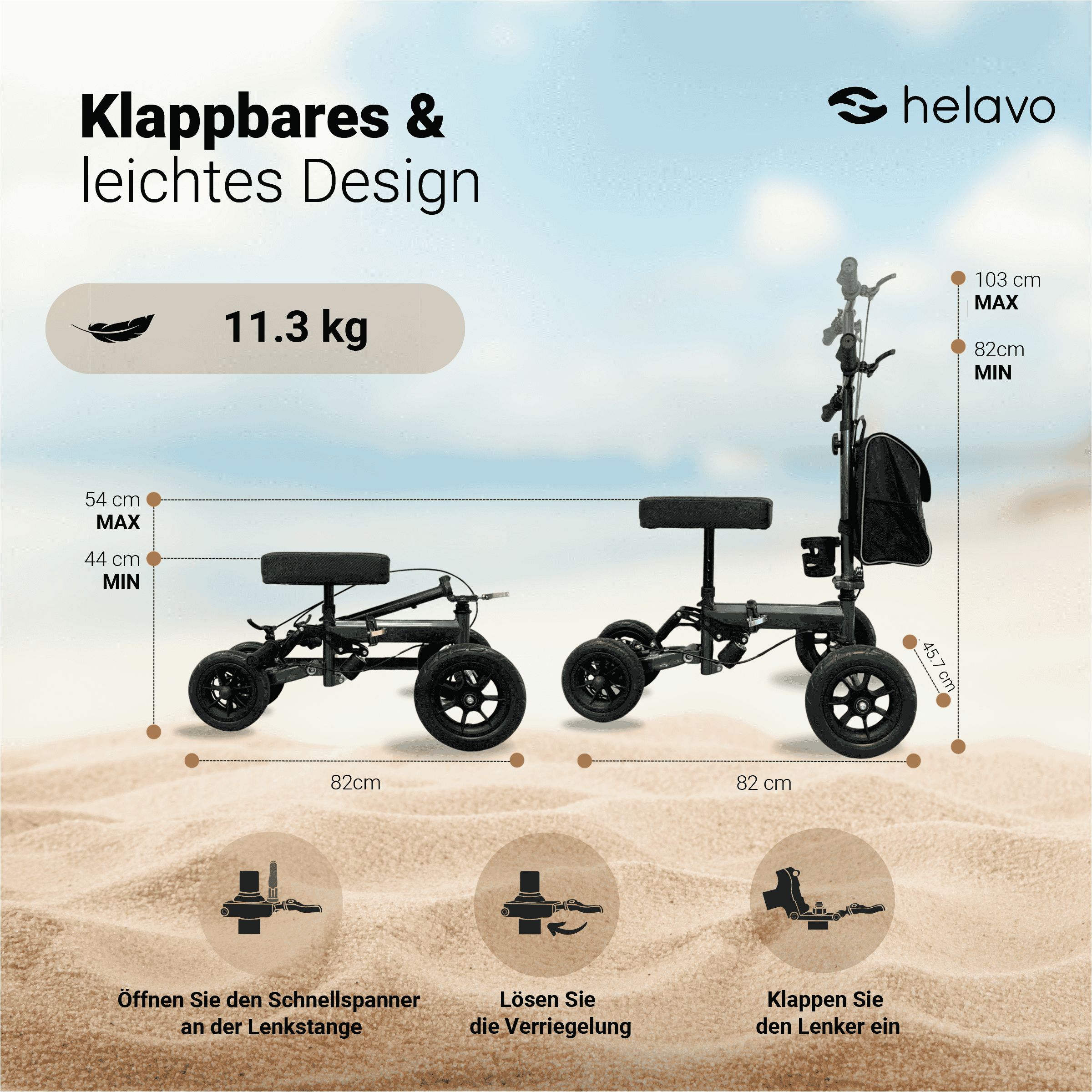 Helavo Knierollator faltbar orthopaedischer Knie Roller Gehhilfe mit Scheibenbremse