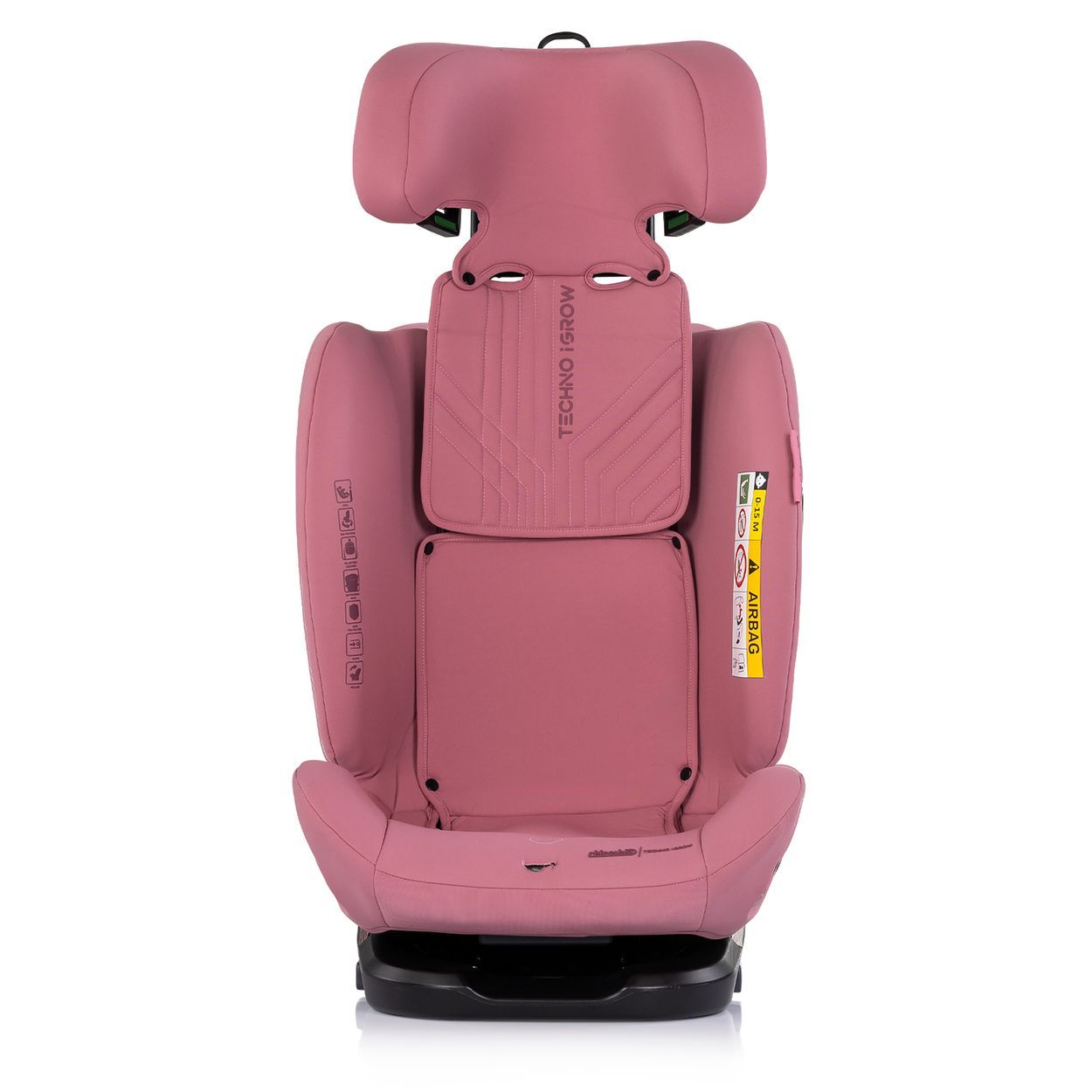 Rosa Kindersitz mit verstellbarer Kopfstütze und 5-Punkt-Gurt. "TECHNO ISOFix" Schriftzug.