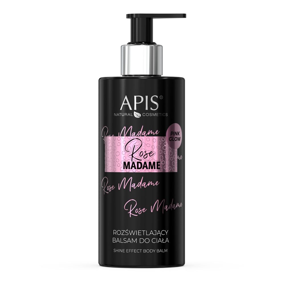 Schwarze Flasche mit Pumpe. Aufschrift: APIS ROSE MADAME. Rosa Etikett mit Text. Pink Glow-Logo.