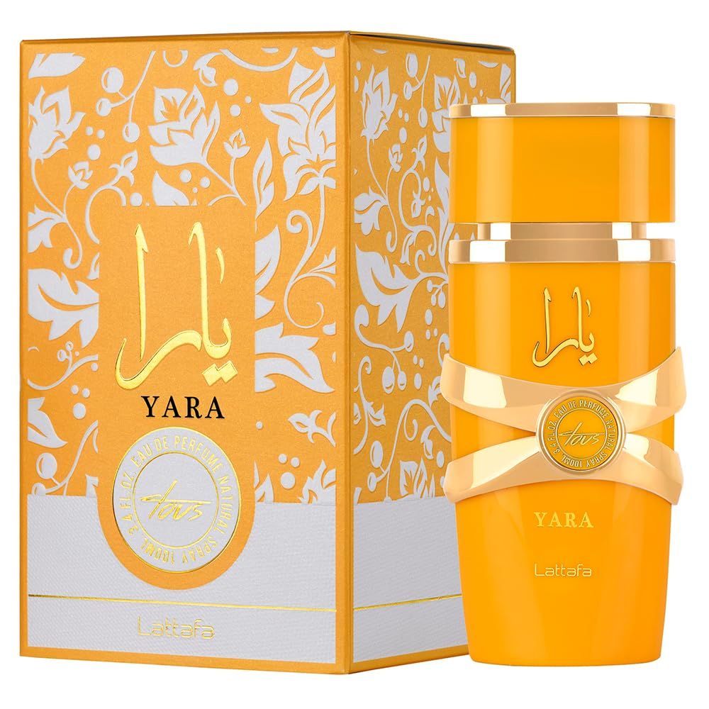 Gelbes Parfümflakon und Schachtel. Aufschrift "Yara" und arabische Schriftzeichen. Goldfarbene Akzente und Schleife.
