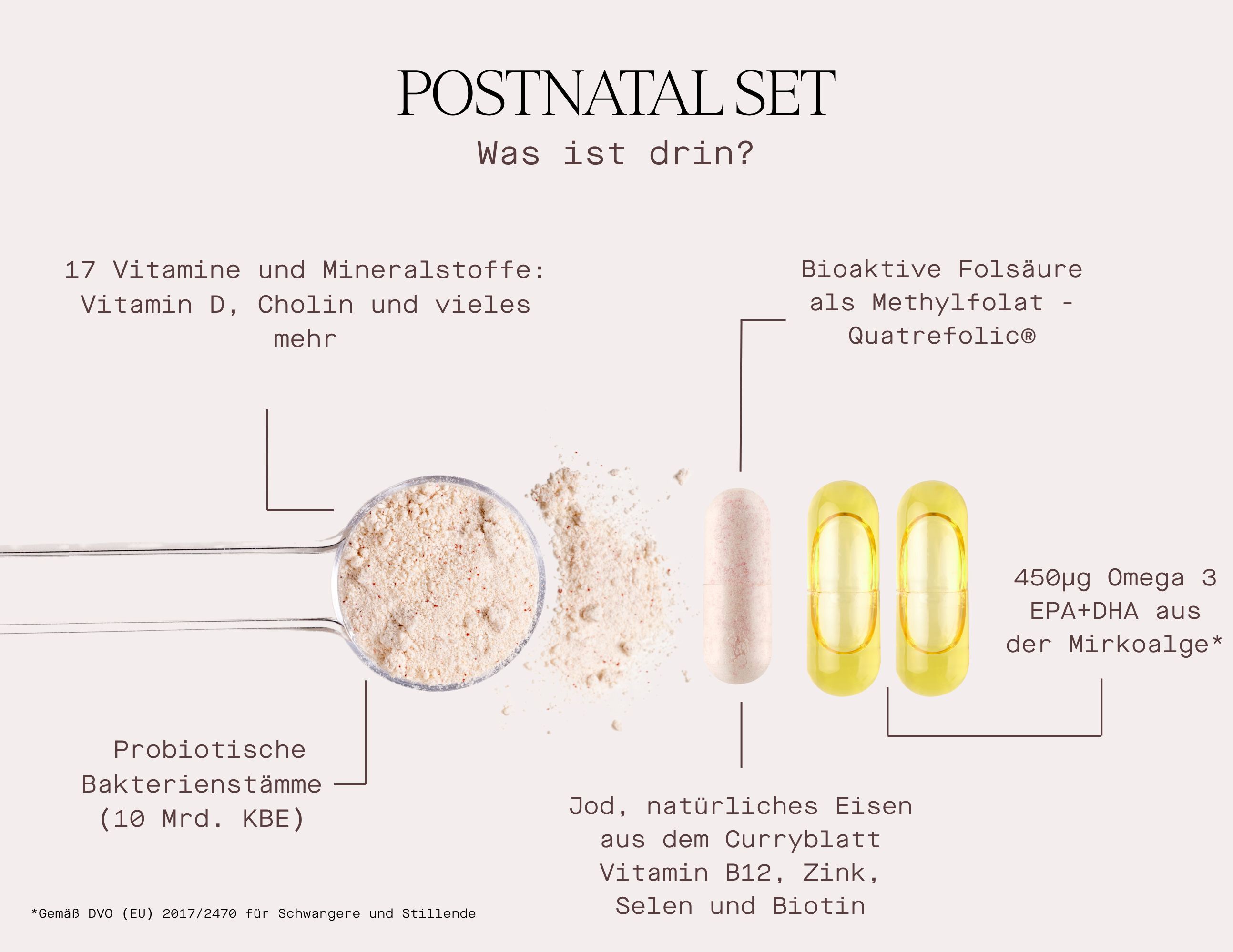 Infografik: Inhaltsstoffe des Postnatal Set. Pulver, Kapseln und Kapseln mit Pfeilbeschriftungen.
