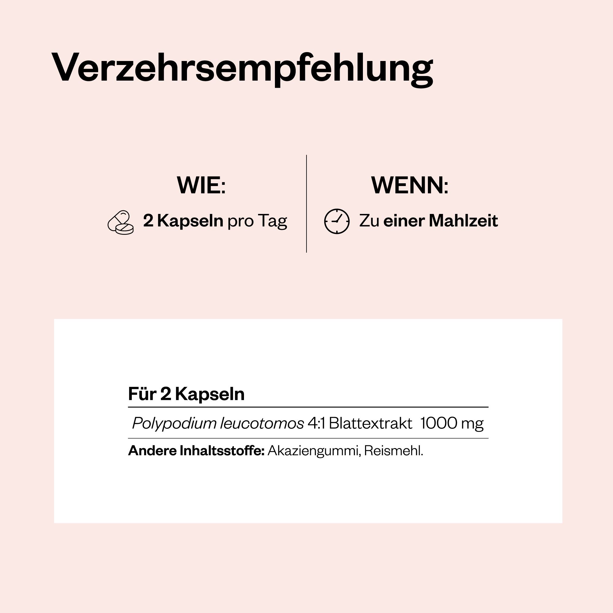 Infografik mit Text. Verzehrsempfehlung: 2 Kapseln pro Tag. Für 2 Kapseln: Polypodium leucotomos 4:1 Blattextrakt 1000 mg.