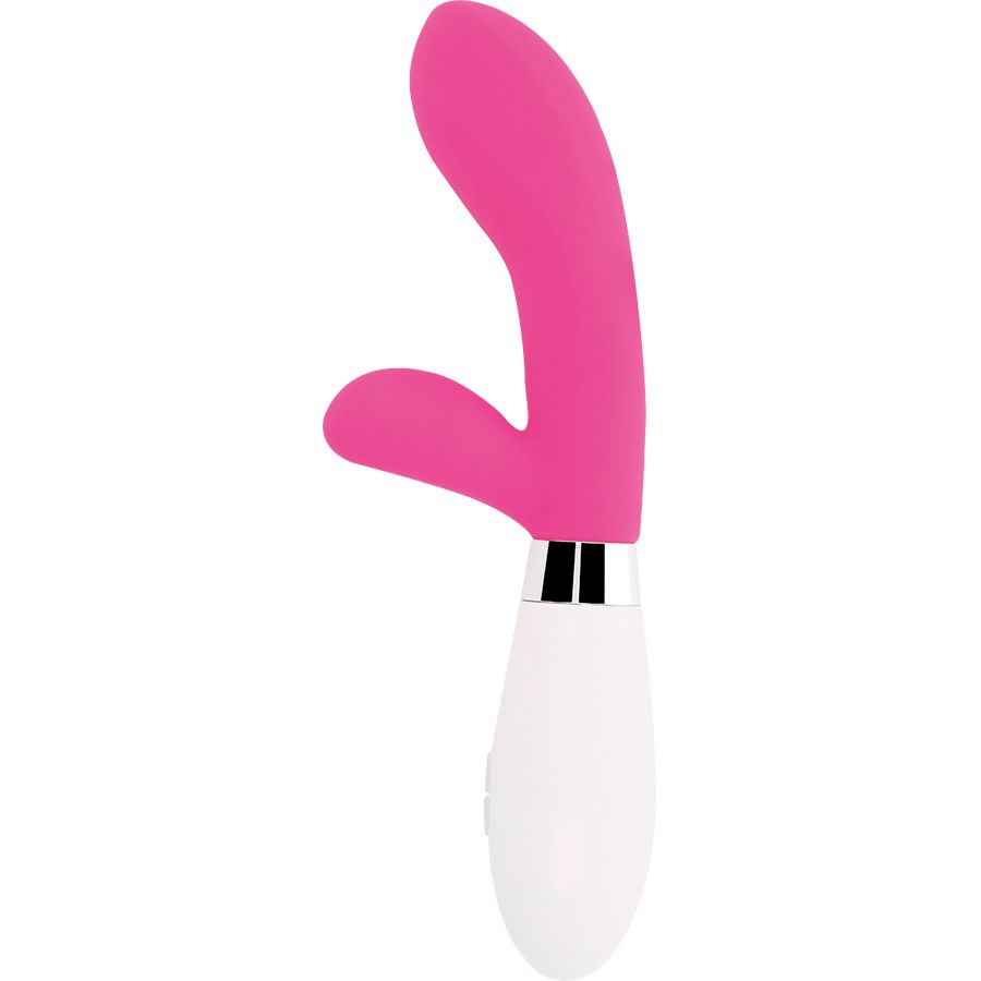Ein weiß-pinkfarbener Vibrator. Der obere Teil ist pink, der untere Teil weiß. Ein silberner Ring verbindet die Teile.