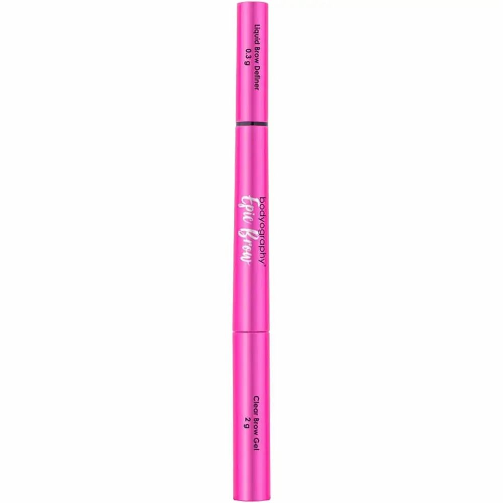Doppel-Augenbrauenstift in Pink. Mit Liquid Brow Definer und Clear Brow Gel. Text: BODYOGRAPHY Epic Brow.