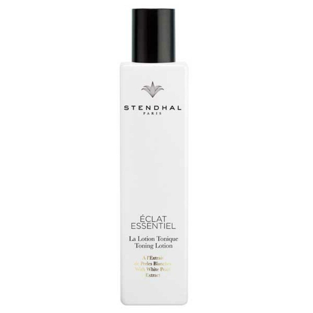 Weiße Flasche mit schwarzem Deckel. Aufschrift: Stendhal Paris, Éclat Essentiel, La Lotion Tonique Toning Lotion.