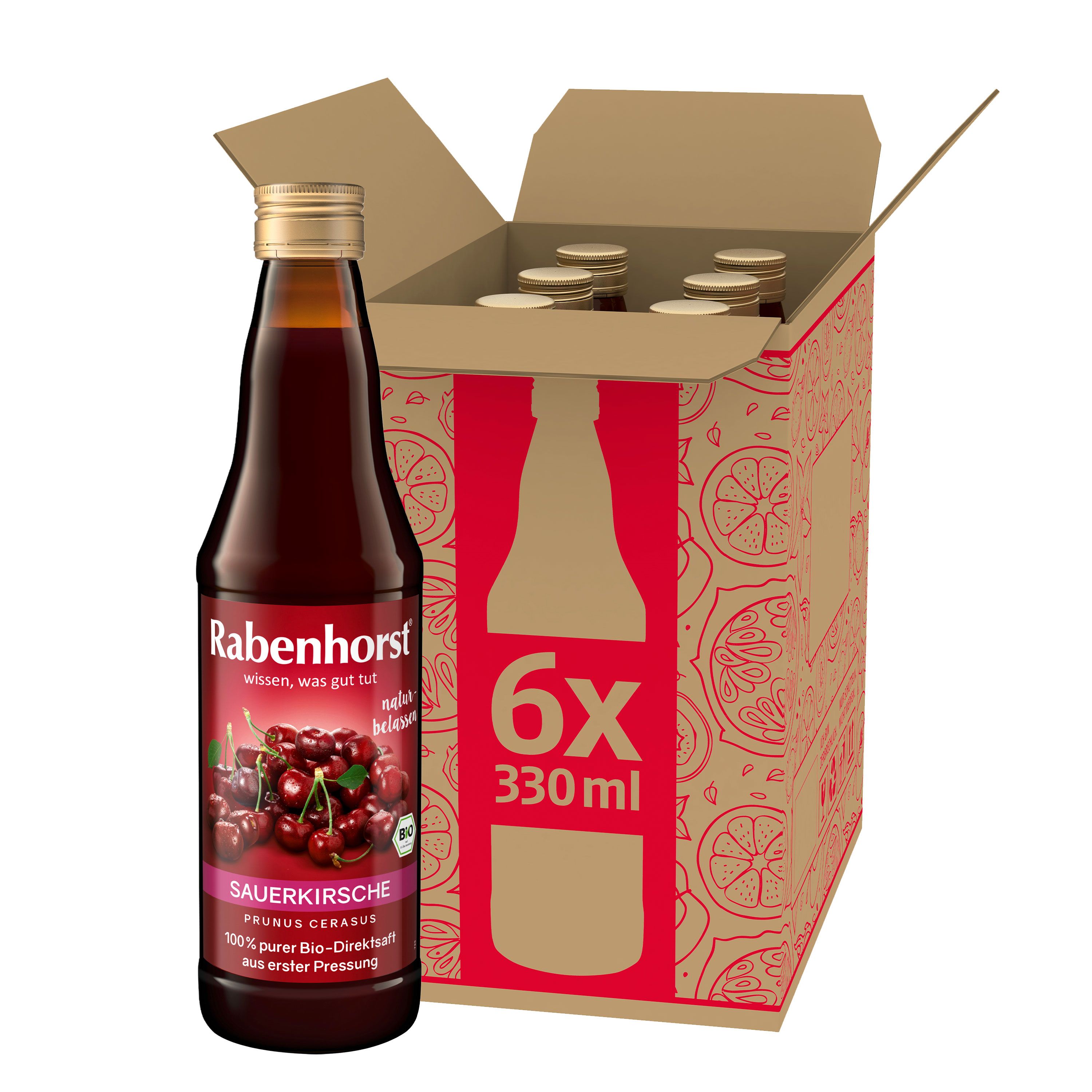Rabenhorst Sauerkirsche Muttersaft BIO. Flasche und Karton mit 6 Flaschen. Aufdrucke: Sauerkirsche, 6x330ml, Bio-Direktsaft.