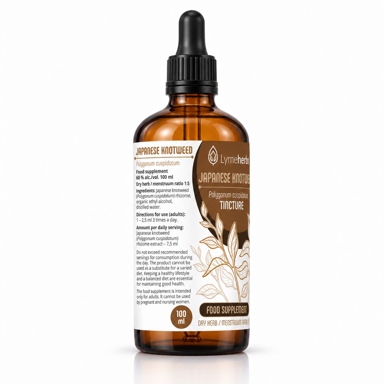 Flasche mit Pipette, Etikett mit 'Japanese Knotweed Tincture', 100 ml, detaillierte Produktinformationen.