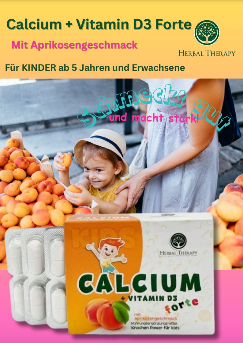 Werbebild mit Kind und Produktverpackung. Aufschrift: Calcium + Vitamin D3 forte. Logo: Herbal Therapy. Text: Für Kinder ab 5 Jahren und Erwachsene.