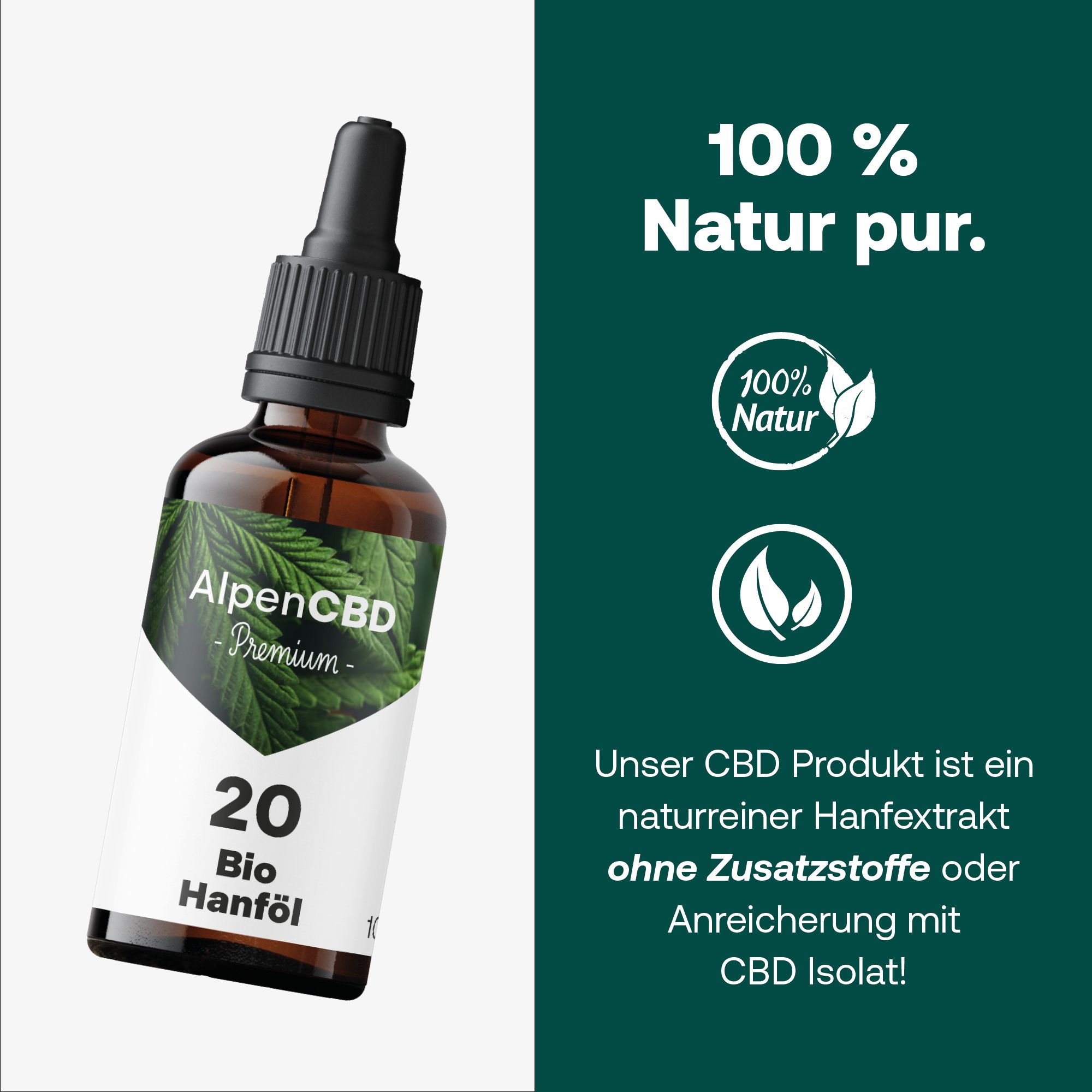 Braune Glasflasche mit Tropfer. Etikett mit AlpenCBD, 20 Bio Hanföl. Text: 100% Natur pur. Logos.