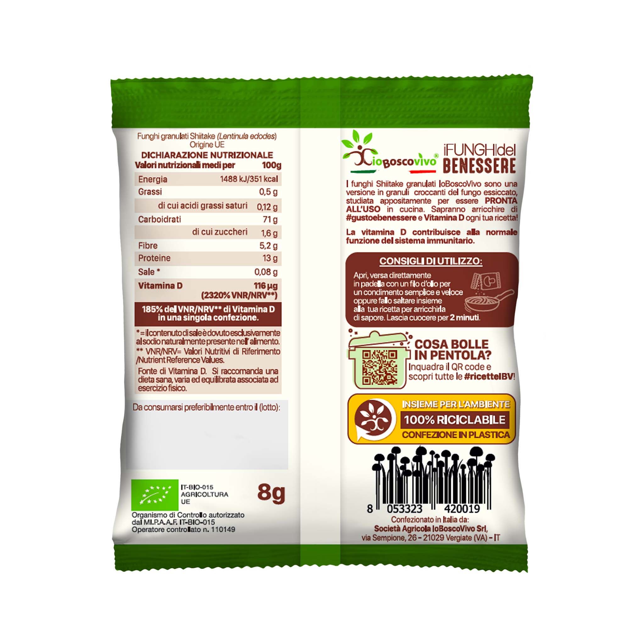 Rückseite der Packung IoBoscoVivo Bio-Shiitake Pilze granuliert, Nährwertangaben und Bio-Siegel.