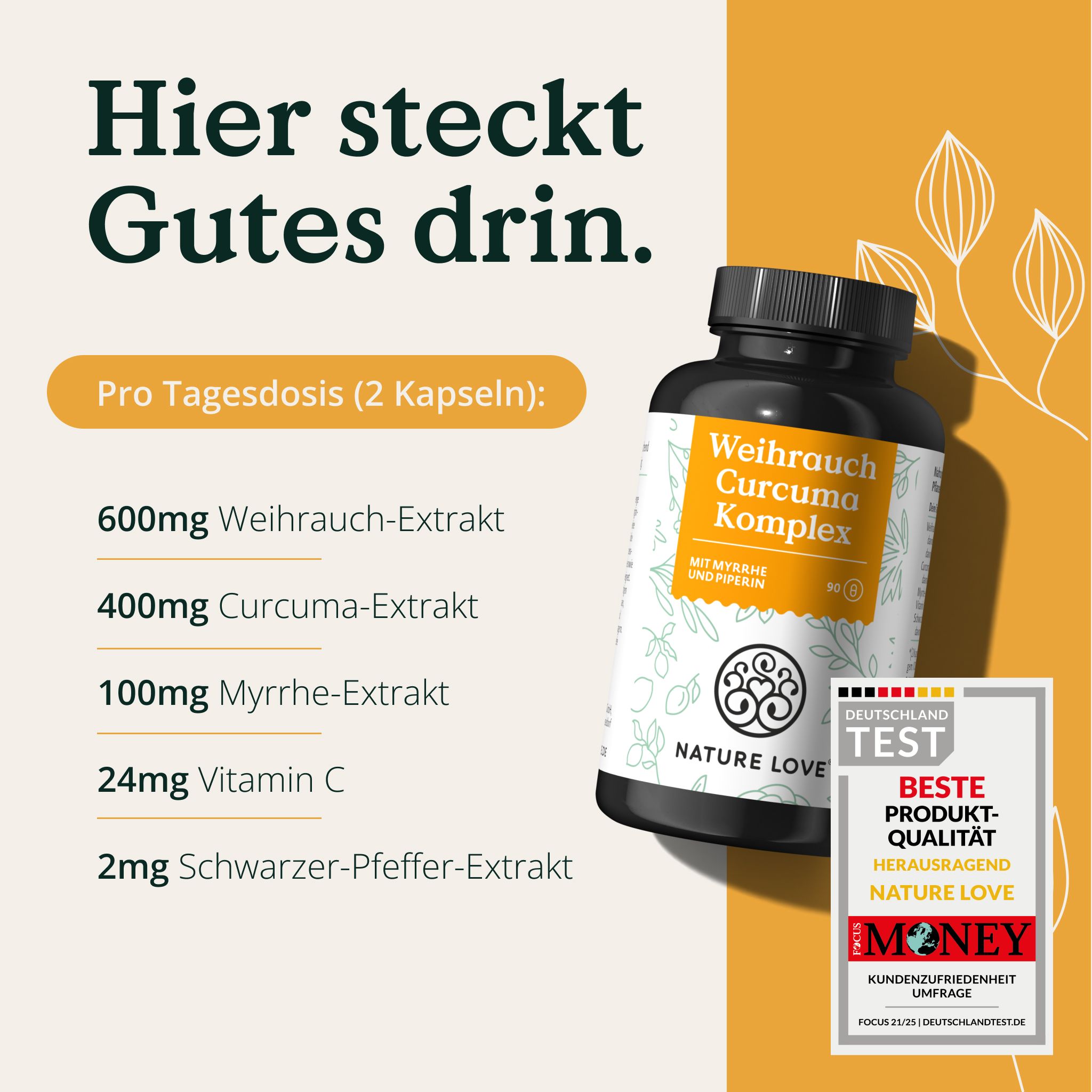Schwarze Flasche mit Etikett. Aufschrift: Weihrauch Curcuma Komplex. Marke: NATURE LOVE. Mit Auszeichnung: Beste Produktqualität.