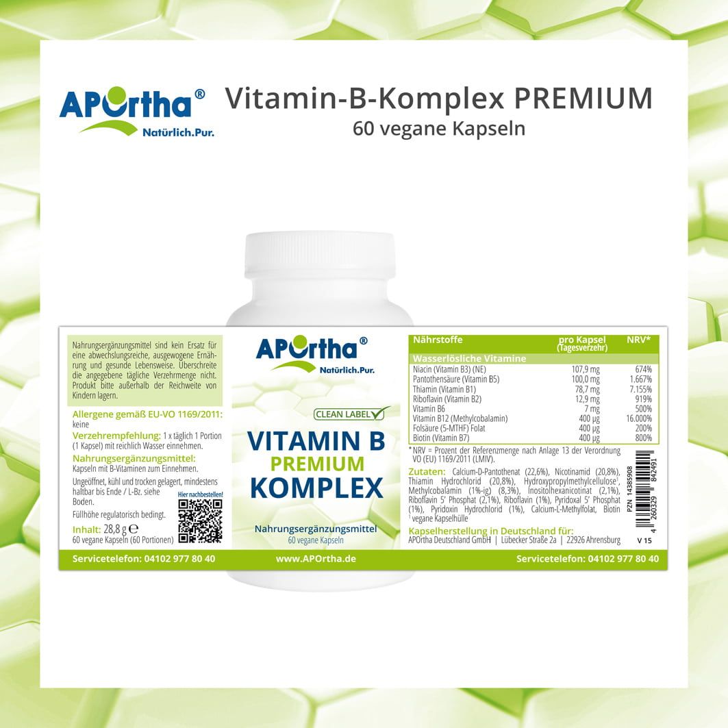 Produktverpackung mit Etikett. APOrtha® Vitamin B Komplex, 60 vegane Kapseln. Nährwerttabelle, Inhaltsstoffe, Service-Telefonnummer.