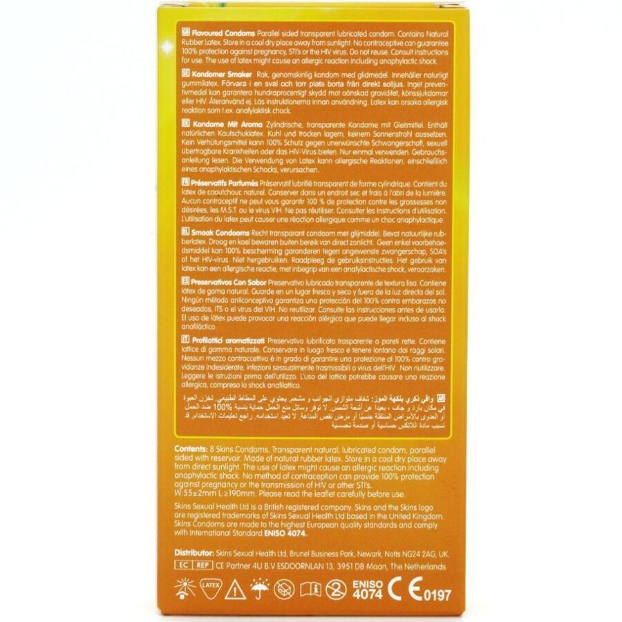 Rückseite der gelben Verpackung mit Text in mehreren Sprachen. Enthält Informationen zu Inhaltsstoffen und Hersteller.