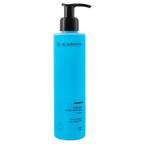 Türkisblaue Flasche mit schwarzem Pumpverschluss. Aufschrift: Academie, Tonique Hypo-sensible, Toner, Toutes peaux, All skin types.