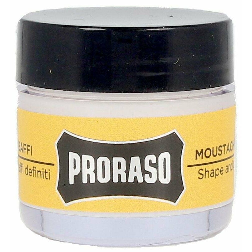 Glas mit Bartwachs, schwarzem Deckel und gelbem Etikett. Aufschrift: PRORASO, Cera Baffi.