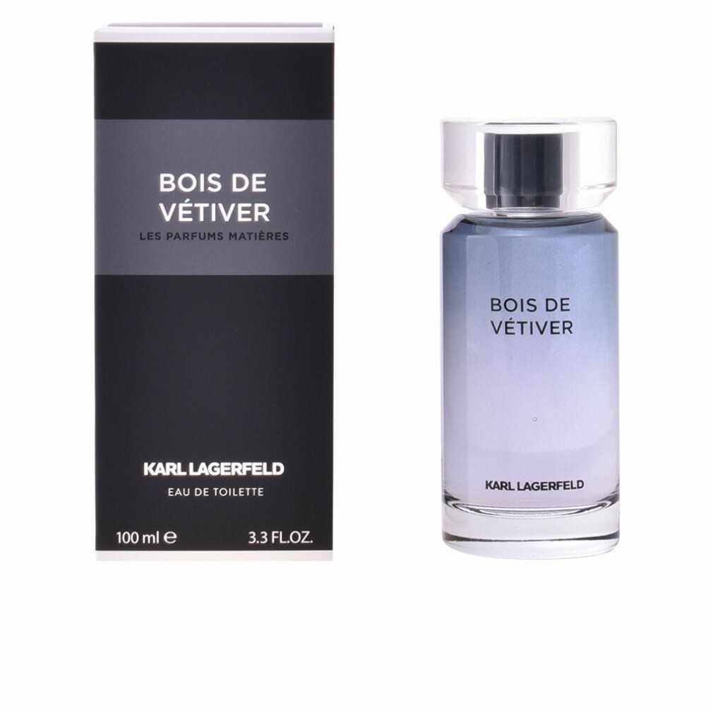 Karl Lagerfeld Bois de Vétiver Eau de Toilette Spray. Flakon und Verpackung. Schwarze Verpackung mit Produktnamen. Glasflakon mit Deckel.