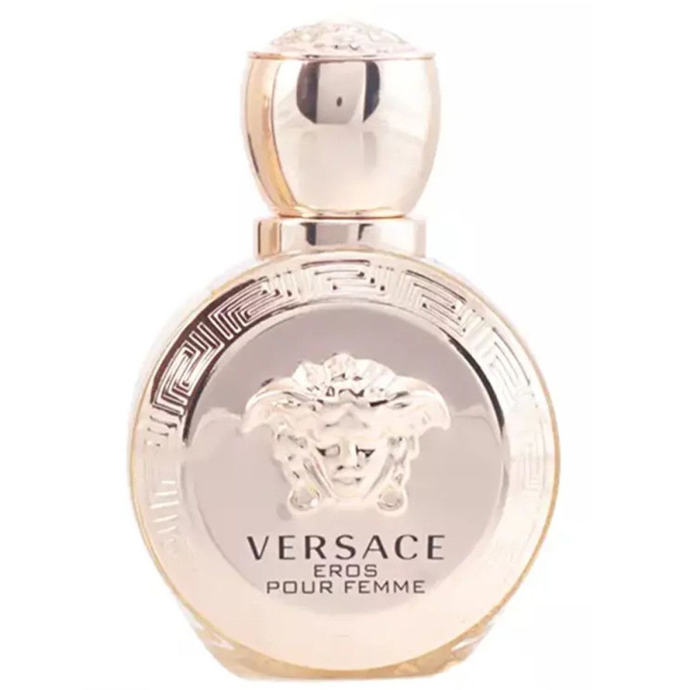 Versace Eros Pour Femme Eau de Parfum Spray. Goldfarbener Flakon. Logo und Schriftzug auf dem Flakon.