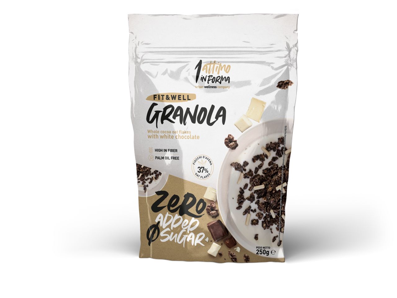 1attimoinforma Granola Zero added sugar; Gusto cioccolato con scaglie di cioccolato bianco