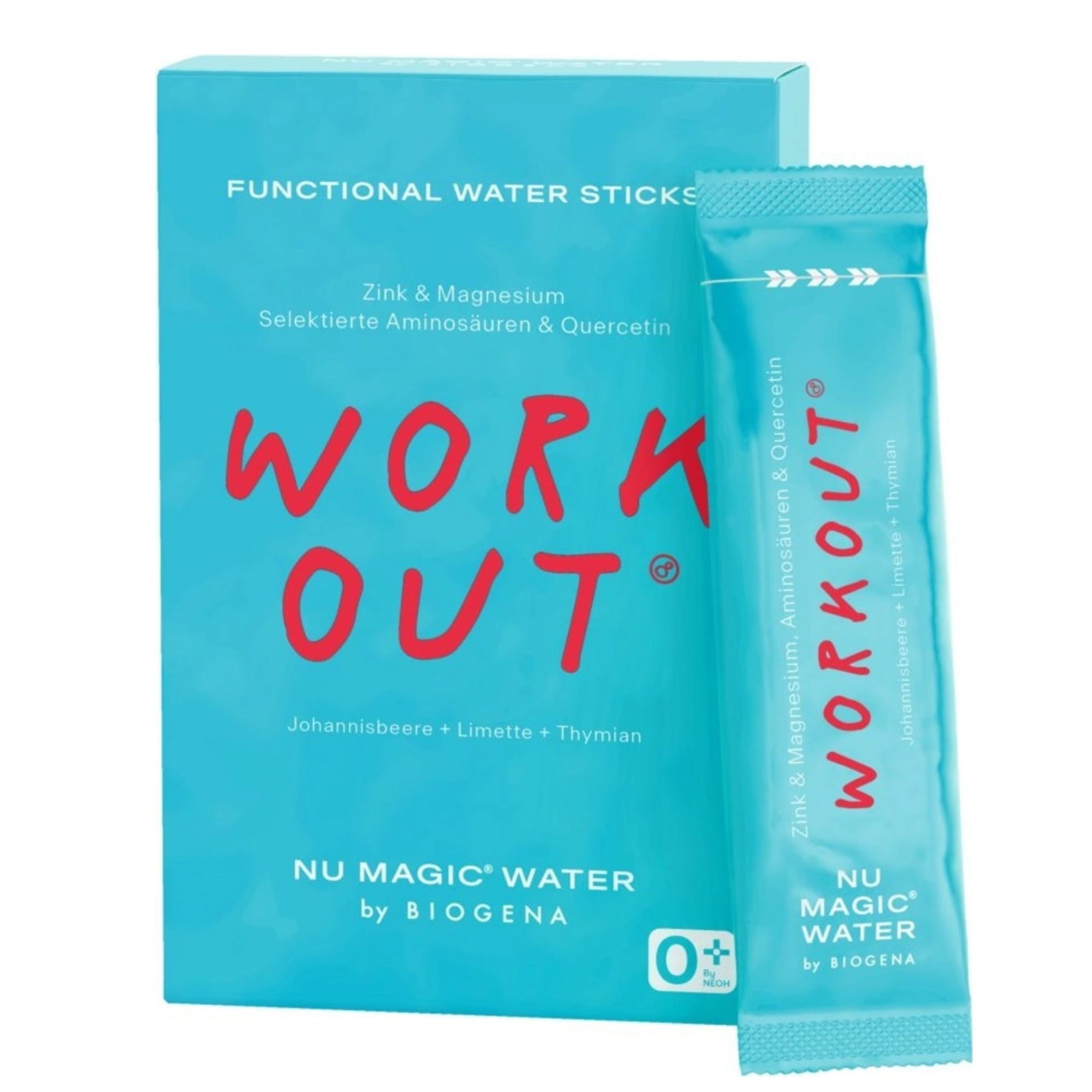 Eine Schachtel und ein Beutel. Auf der Schachtel steht WORK OUT. Nu Magic Water by BIOGENA Workout ist sichtbar.