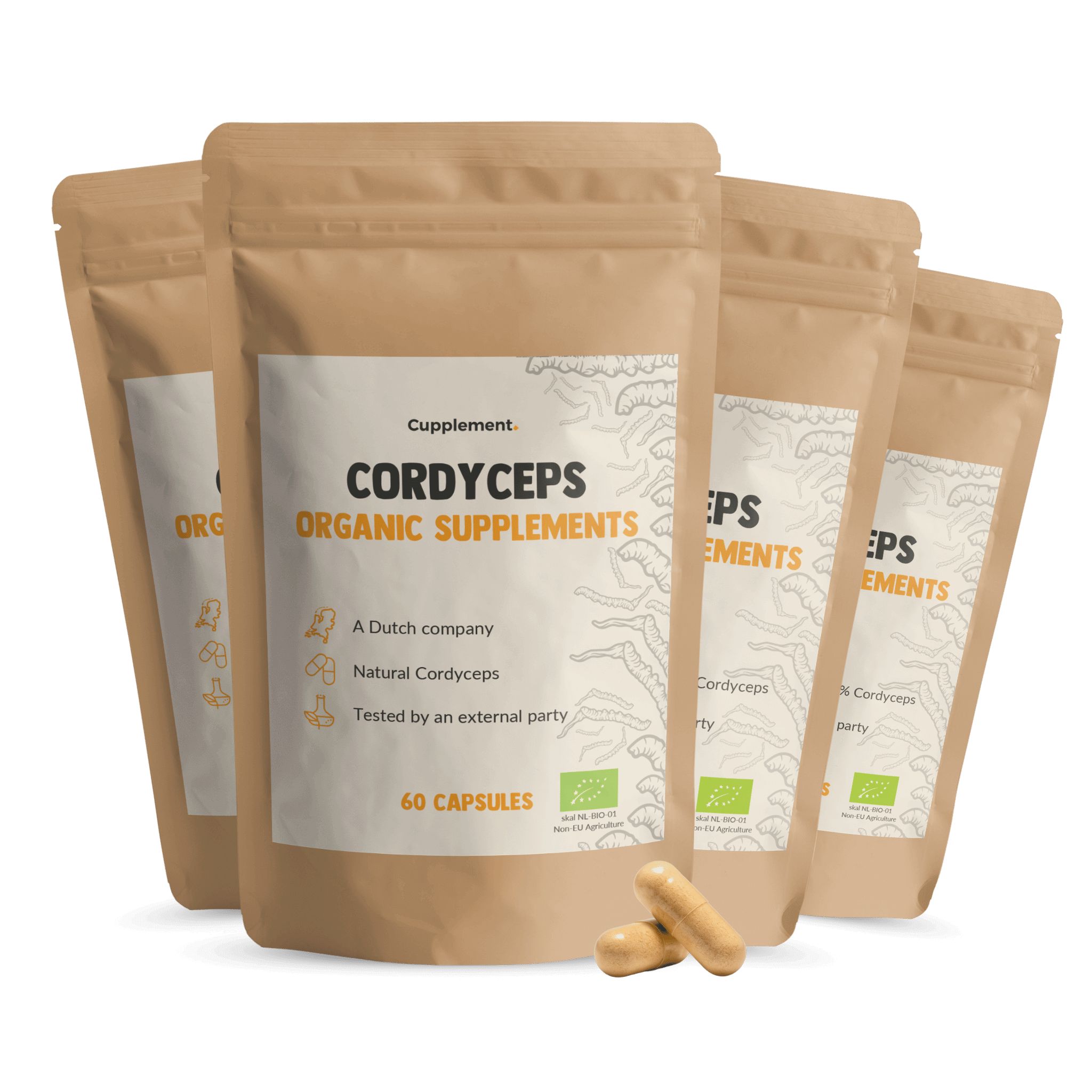 Mehrere Beutel Cordyceps-Kapseln. Aufschrift: Cordyceps Organic Supplements, 60 Kapseln. Braune Beutel, gelbe Kapseln.