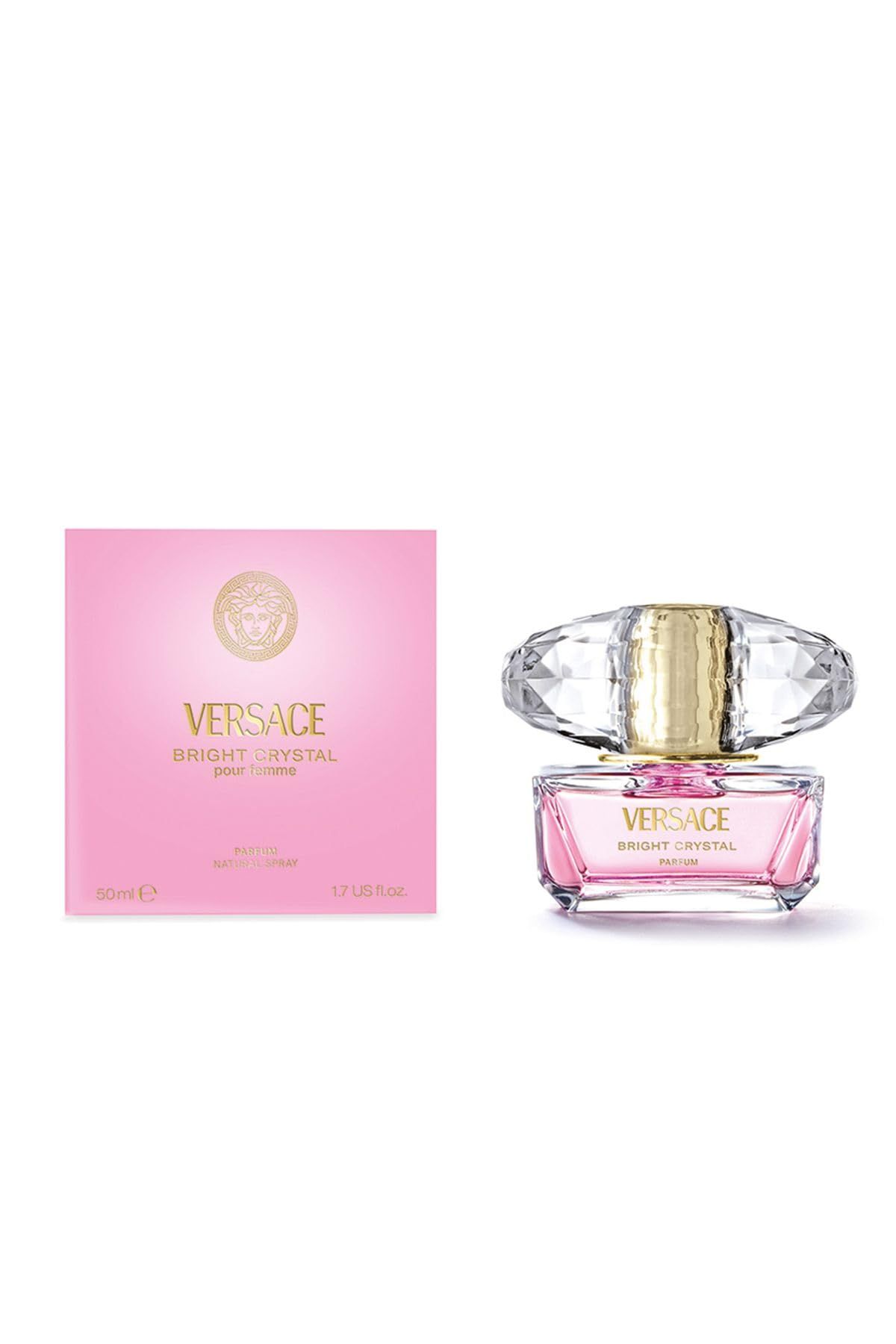 Rosa Schachtel und Flakon. Auf der Schachtel steht "Versace Bright Crystal pour femme". Der Flakon hat einen Kristallverschluss.
