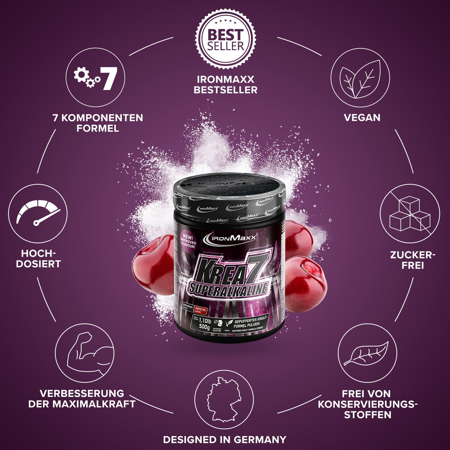 IronMaxx Krea7 Superalkaline Dose umgeben von Icons: "Bestseller", "Vegan", "Zuckerfrei".