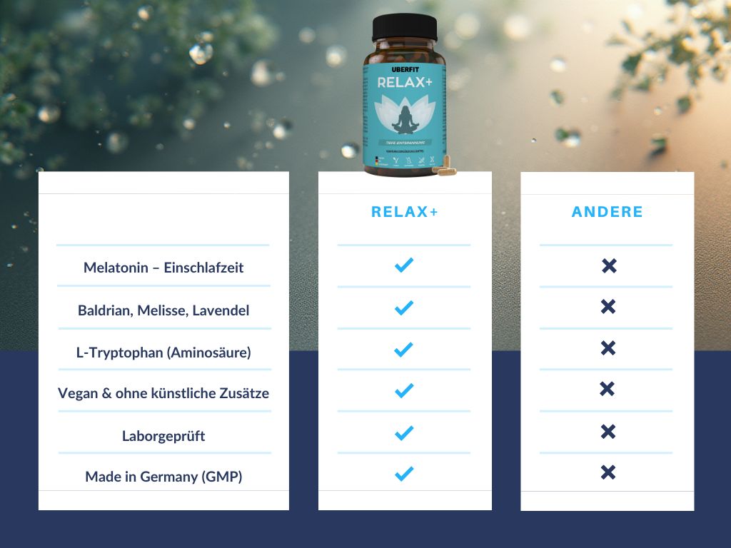 Vergleichstabelle: UberFit RELAX+ vs. Andere. Merkmale: Melatonin, Baldrian, L-Tryptophan, Vegan, Laborgeprüft, Made in Germany. Produktflasche im Hintergrund.