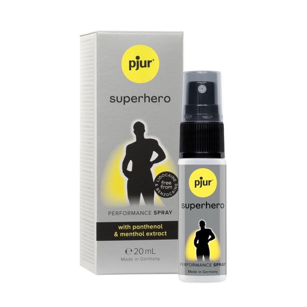pjur SUPERHERO Performance Spray (20ml) neben seiner Verpackung, für Männer.