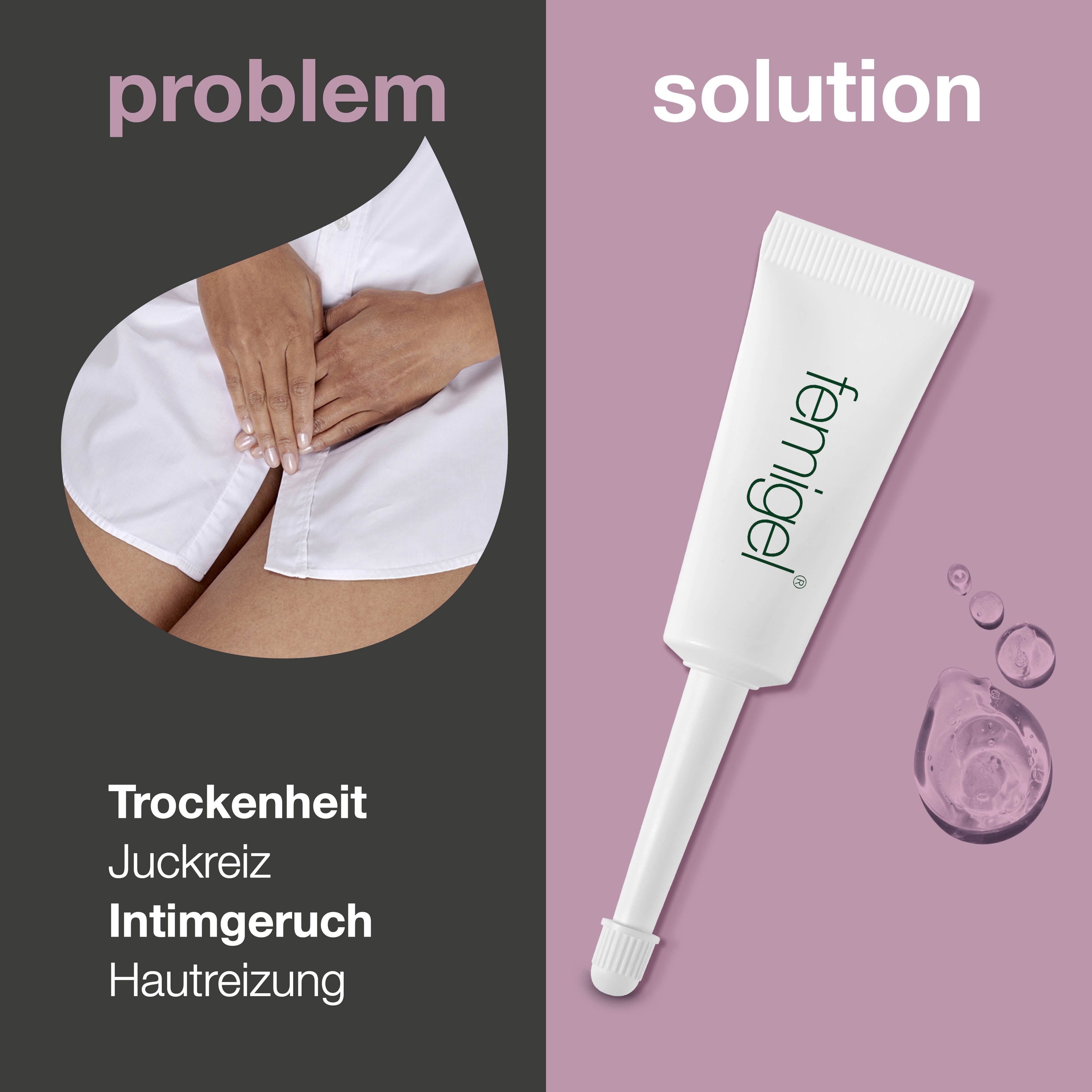 Femigel-Tube und Tropfen. Aufschrift: Femigel. Problem: Trockenheit, Juckreiz, Intimgeruch, Hautreizung.