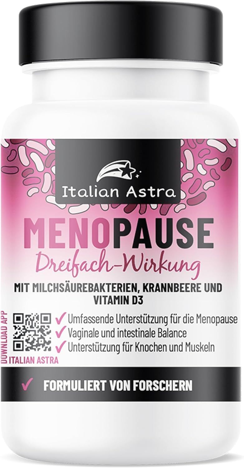 Weiße Flasche mit Kapseln. Aufschrift: Italian Astra, Menopause Dreifach-Wirkung. Mit Milchsaurebakterien, Cranberry und Vitamin D3.