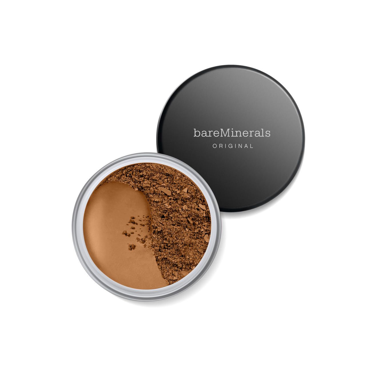 Offene Dose mit losem Puder. Deckel daneben. Auf dem Deckel steht "bareMinerals ORIGINAL".