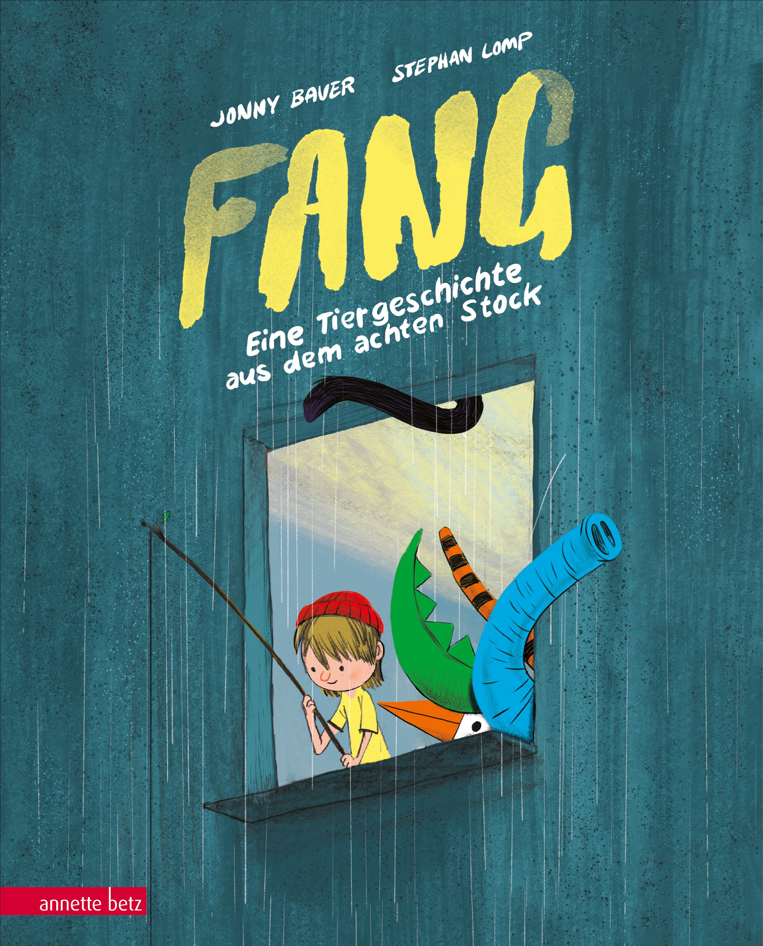 Buchcover mit Titel "FANG". Illustration eines Jungen, der aus einem Fenster angelt, umgeben von tierischen Elementen. Regen.