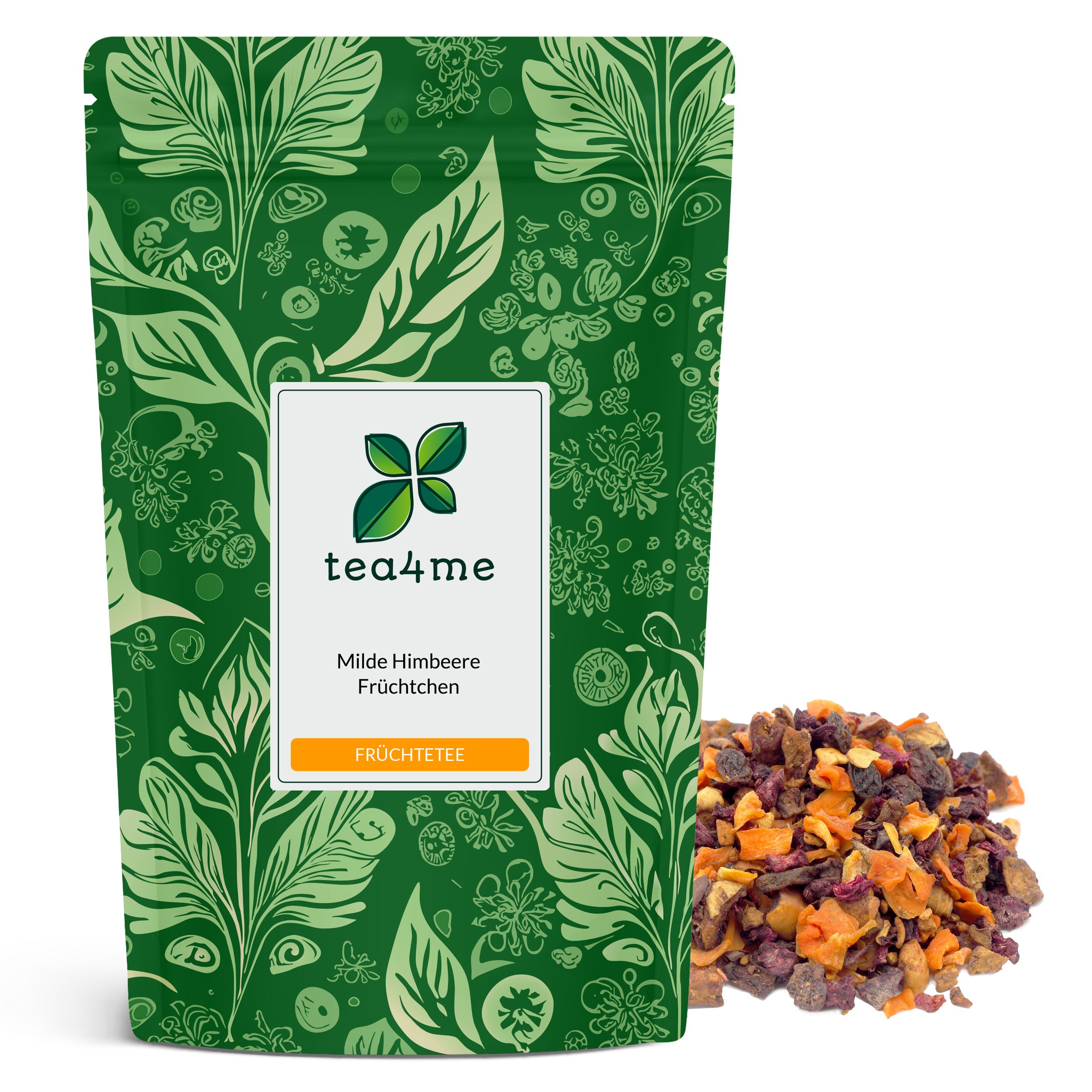 Grüner Beutel mit floralem Muster und Produktetikett. Aufschrift: tea4me, Milde Himbeere Früchtetee. Daneben loser Früchtetee.