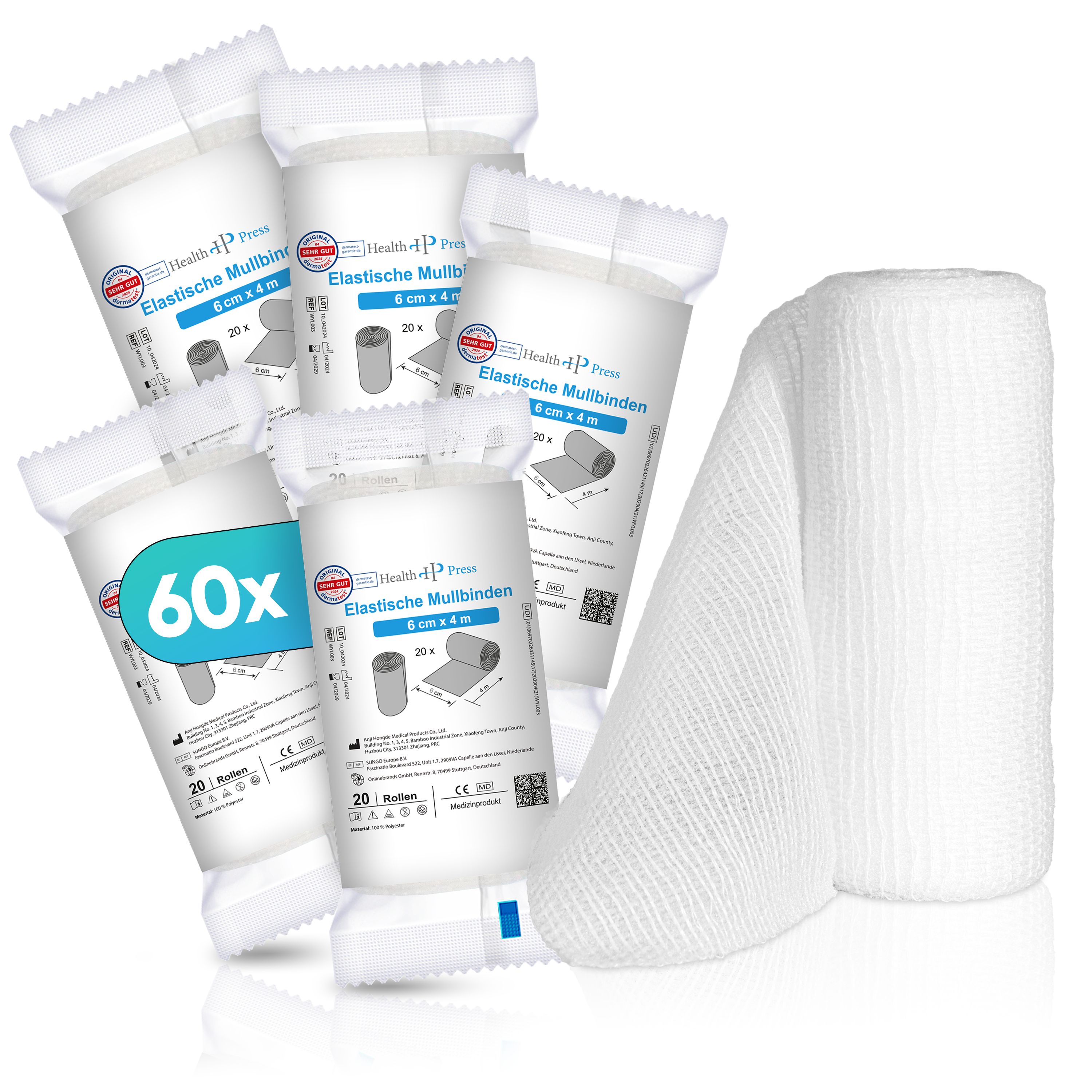 Health Press Mullbinde elastisch – 6 cm x 4 m Elastische Mullbinden zur Fixierung 60 St Binden