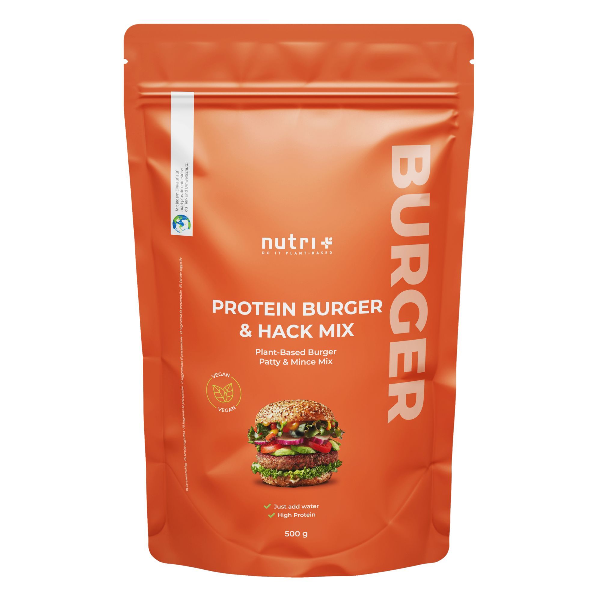 Orangefarbene Verpackung mit Aufdruck. Text: Protein Burger & Hack Mix, 500g. Logo: nutri+. Vegan-Siegel.