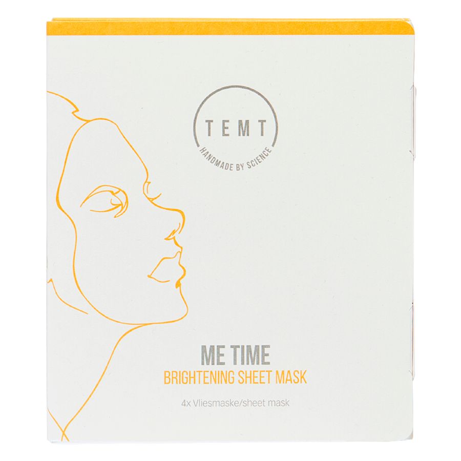 TEMT ME TIME Brightening Sheet Mask. Quadratische Verpackung mit Gesichtsskizze und Schriftzug.