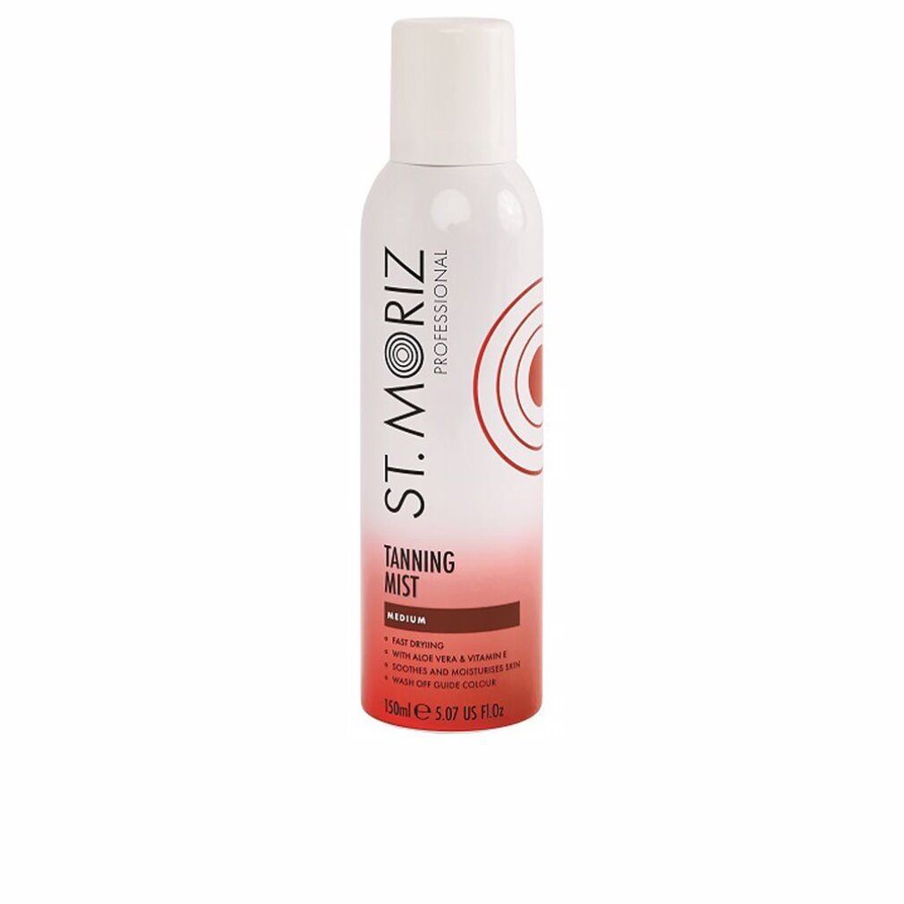 St. Moriz Tanning Mist. Weiße Flasche mit roter und schwarzer Beschriftung. "Medium" und "150ml" sind sichtbar.
