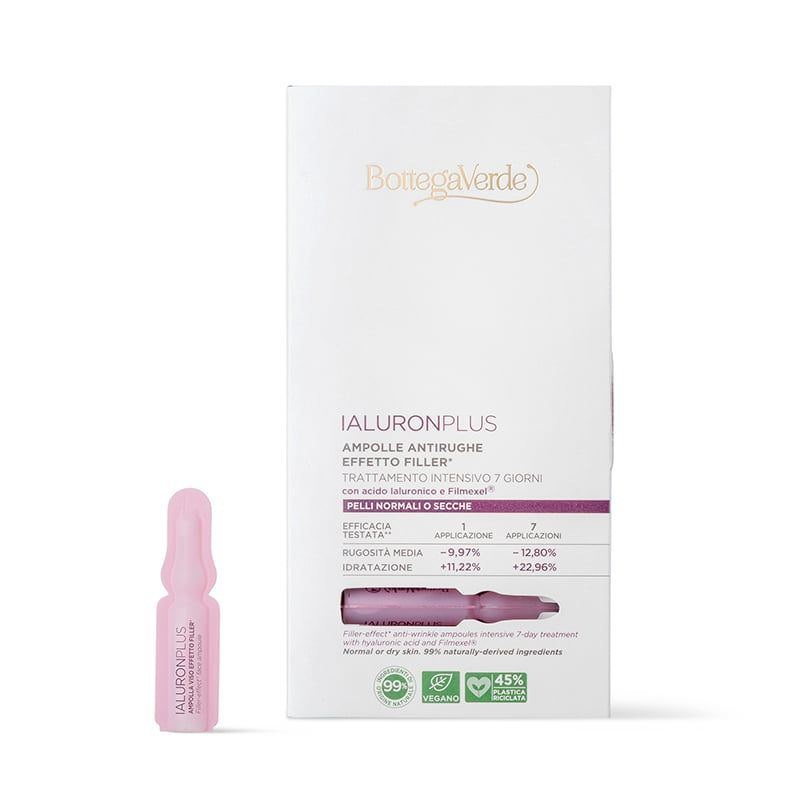 Confezione di Bottega Verde Ialuron Plus, fiale antirughe effetto filler, con una fiala rosa accanto. La confezione bianca mostra il nome del prodotto, gli ingredienti e i risultati. La fiala contiene un liquido. L'imballaggio mostra informazioni sul trattamento.