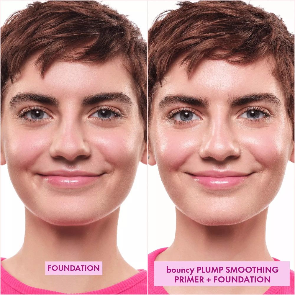 Vergleich von zwei Gesichtern. Links: Foundation. Rechts: Bouncy Plump Smoothing Primer + Foundation.